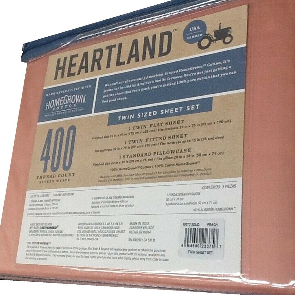 new 3-piece PEACH Heartland 400 TC 100% Cotton Sateen-Weave TWIN Sheet Set - Picture 4 of 4